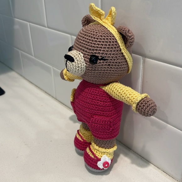 Handcrafted Brownie Bear Doll Figure in Dress Crochet Amigurumi Toy Floral Sunny - Picture 3 of 13
